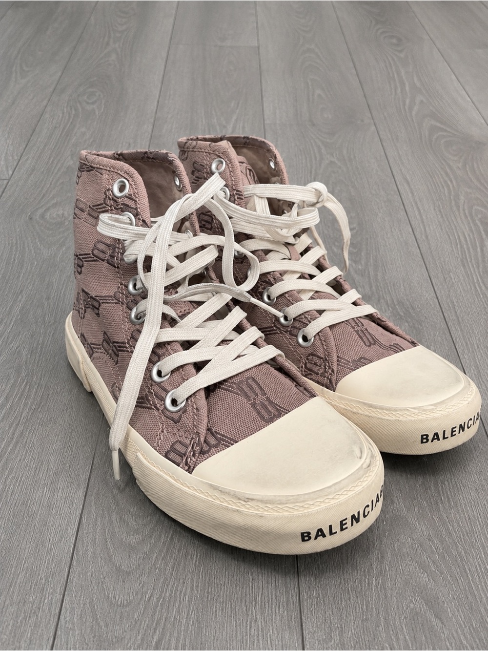 Monogram Balenciaga High-Top Canvas Sneakers in Dusty Mauve with Cream Soles